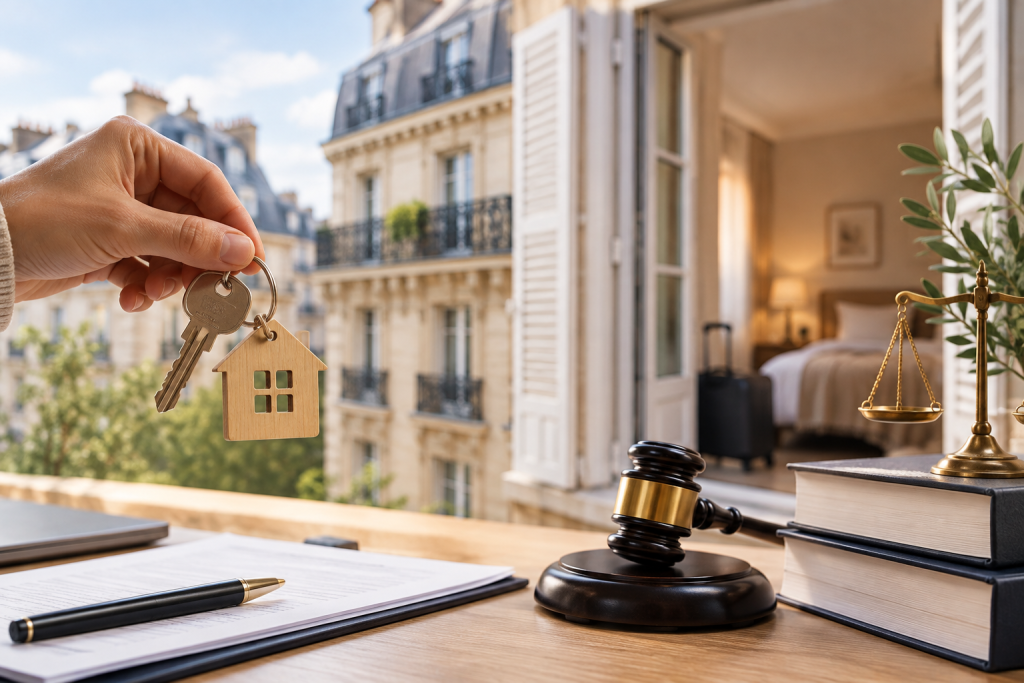 Illustration d’un logement en location Airbnb avec clés, marteau de juge et balance de la justice, symbolisant l’encadrement juridique du droit de propriété.