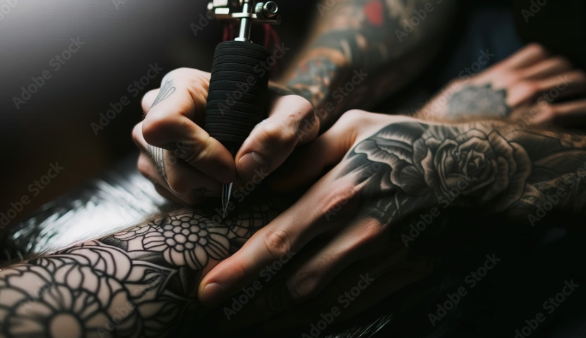 Tatoueur réalisant un tatouage sur la peau, illustrant les questions de propriété intellectuelle et de droit d’auteur liées aux tatouages.