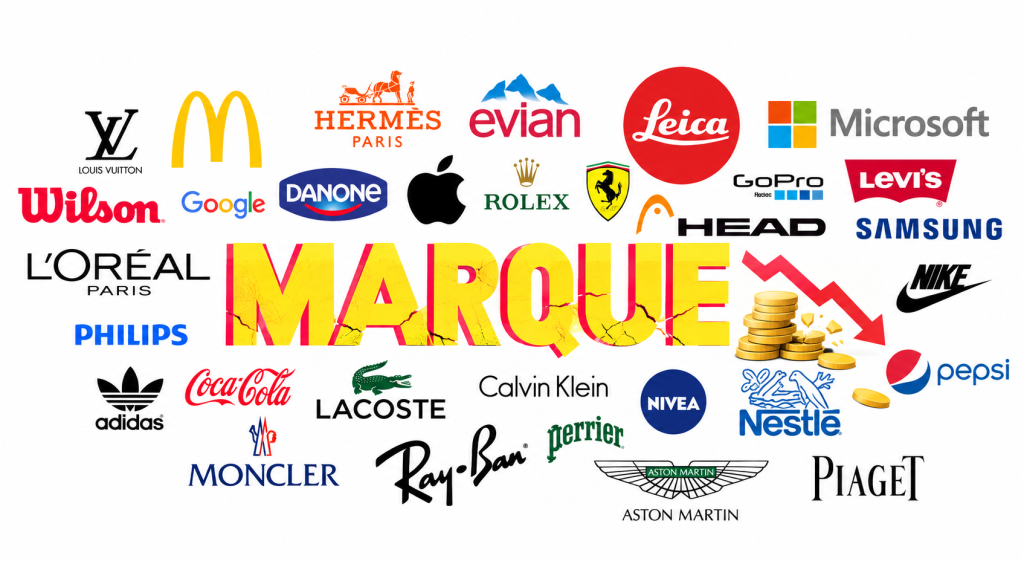 Illustration de marques célèbres autour du mot « Marque » fissuré, symbolisant la perte de valeur et l’appauvrissement d’une marque trop puissante ou surexposée.